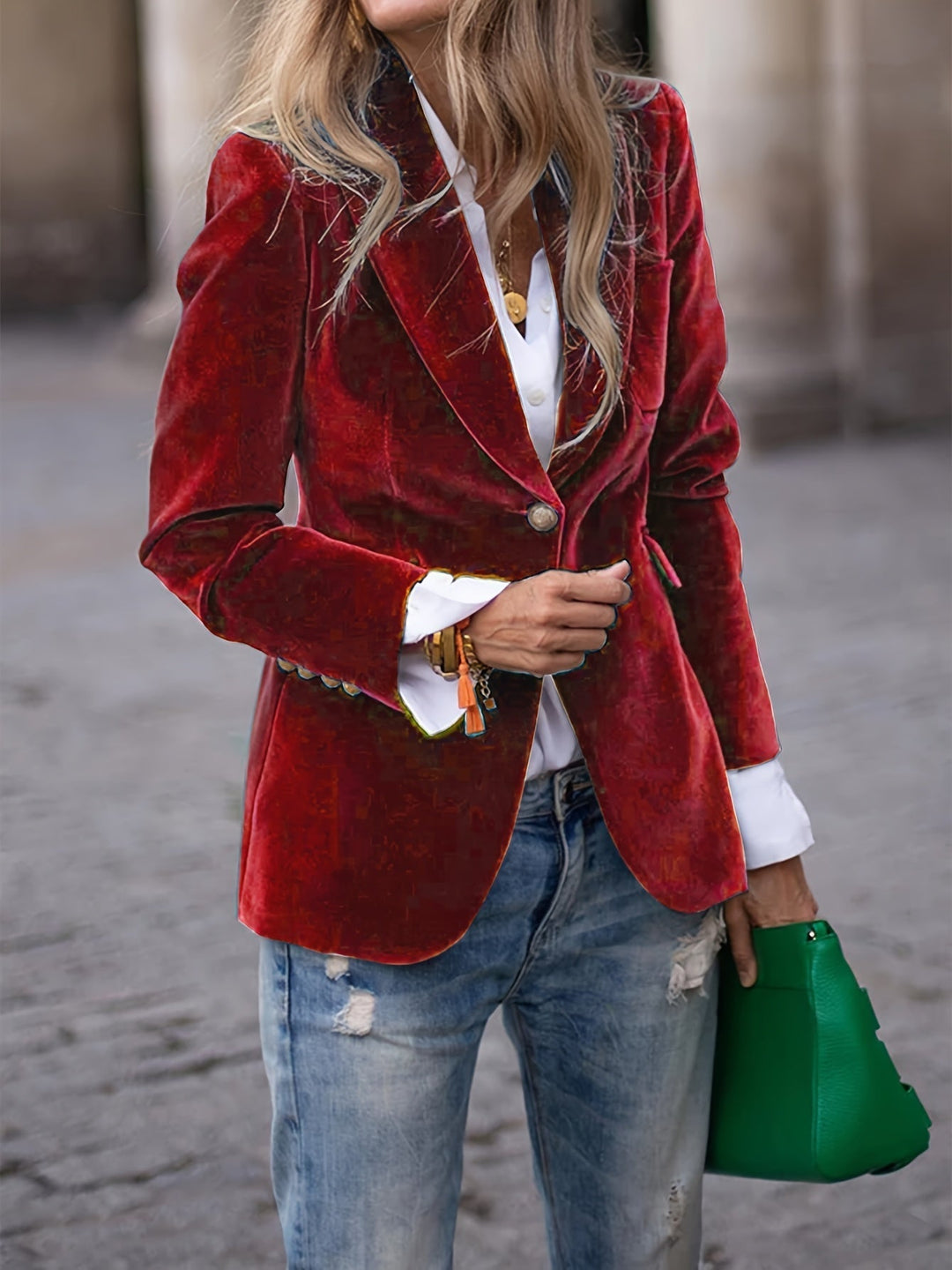 Elegant Velvet Slim-fit Faux Pocket Suit Jacket