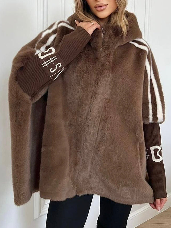 Plush Hooded Vertical Stripe Printed Casual Coat