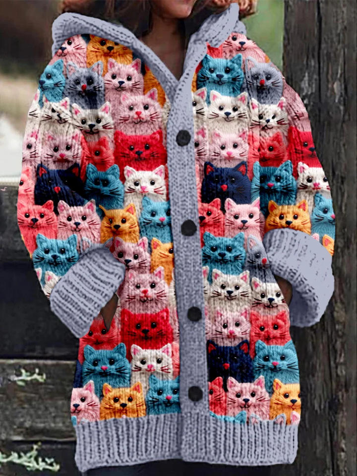 Women's Hooded Cardigan with Colorful Cat Print