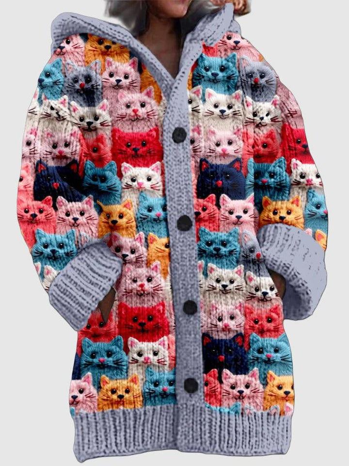 Women's Hooded Cardigan with Colorful Cat Print