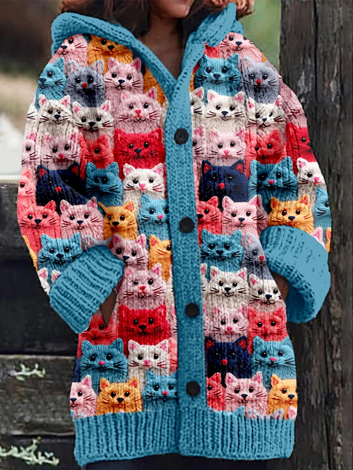 Women's Hooded Cardigan with Colorful Cat Print