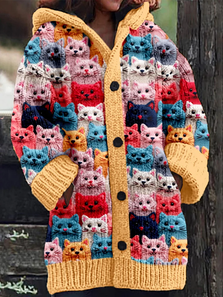 Women's Hooded Cardigan with Colorful Cat Print