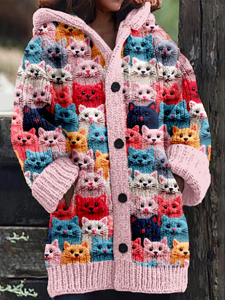 Women's Hooded Cardigan with Colorful Cat Print