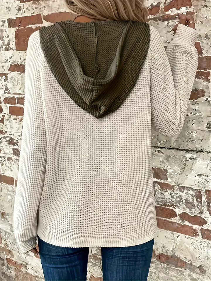 Snezhana - Long Sleeve Button Front Drawstring Hoodie