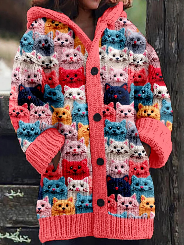 Women's Hooded Cardigan with Colorful Cat Print