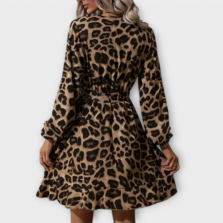 Elegant leopard print dress with V-neck and belt