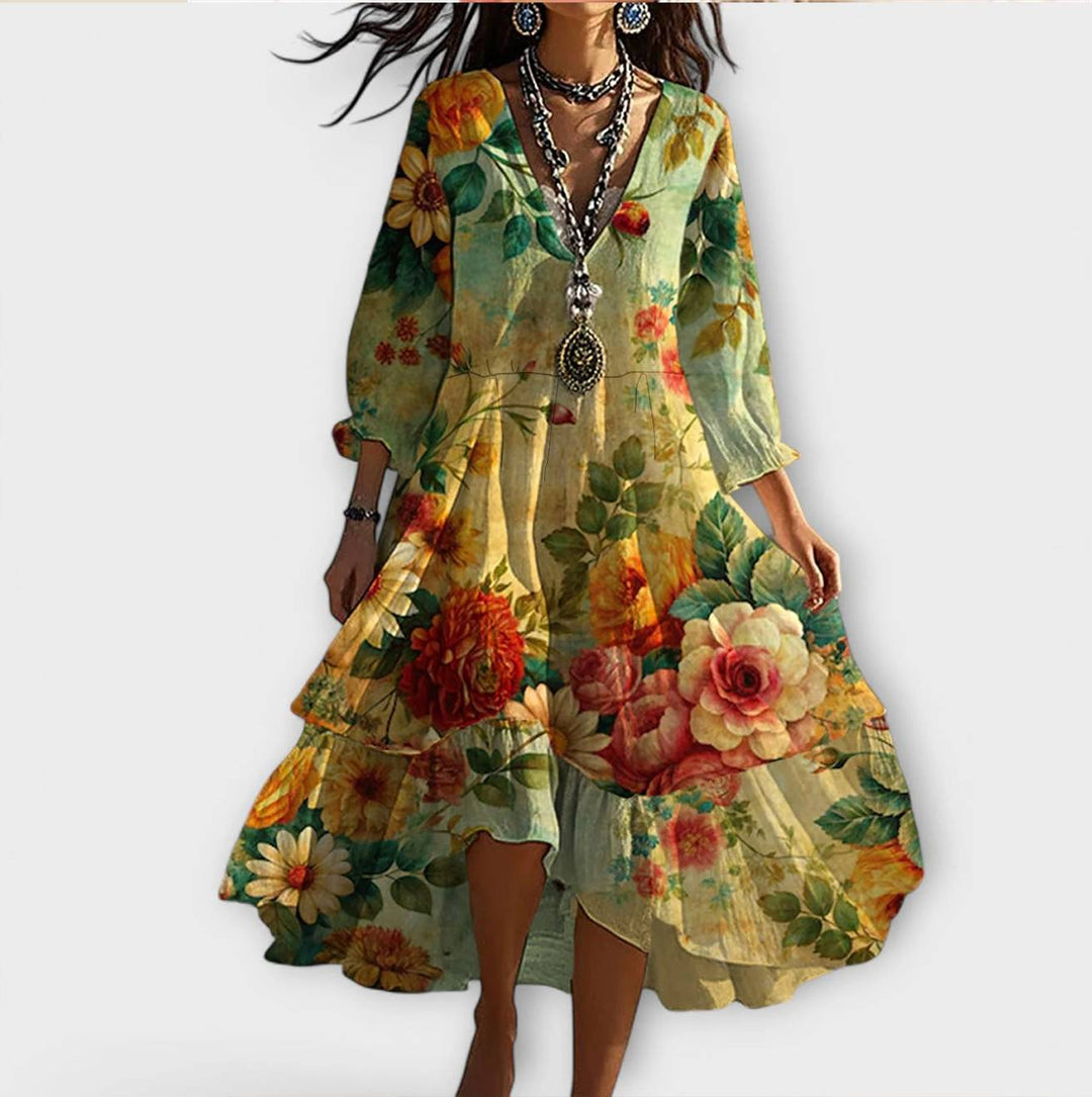 Marina - Vintage Boho Dress with Floral Print and V-Neck