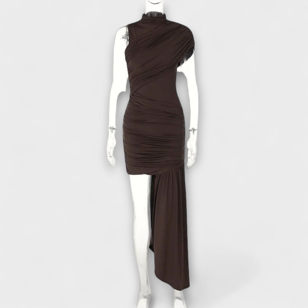 Aurora - Elegant and Fitted Dress with Round Neckline and Pleats