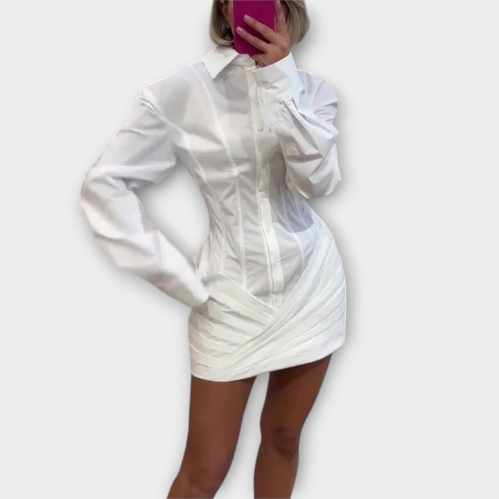 Indie - White Long Sleeve Pleated Shirt Dress