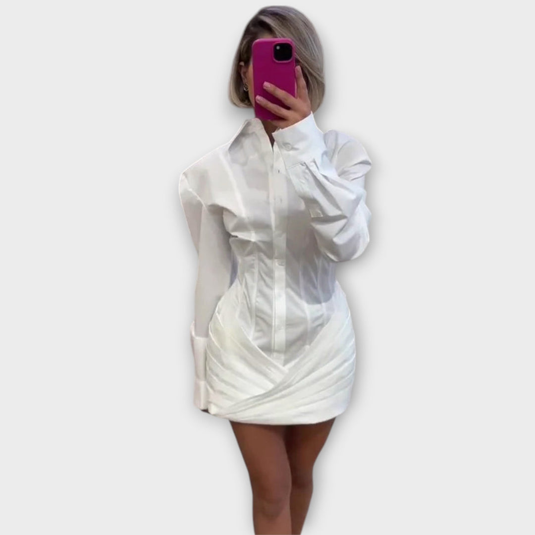 Indie - White Long Sleeve Pleated Shirt Dress