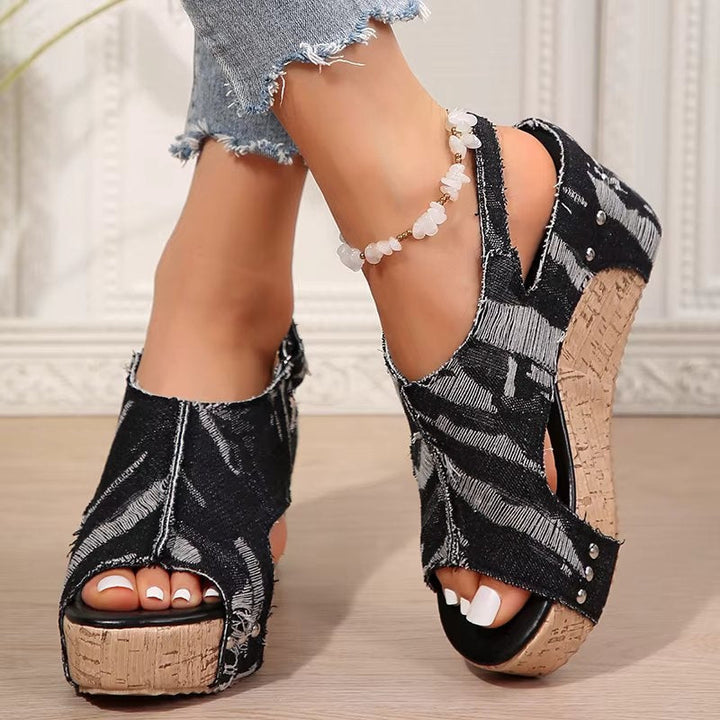DenimLift - Cork Heeled Sandals for Women in Denim