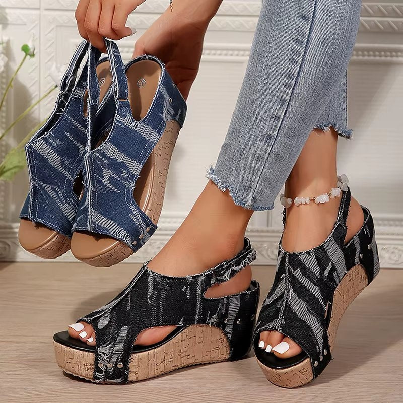 DenimLift - Cork Heeled Sandals for Women in Denim