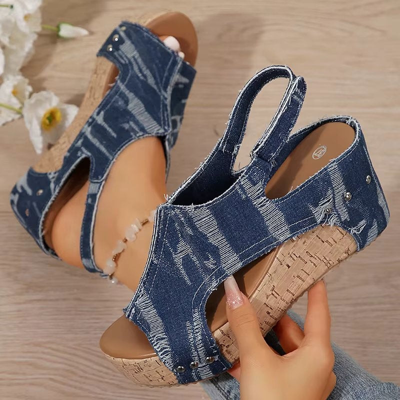 DenimLift - Cork Heeled Sandals for Women in Denim