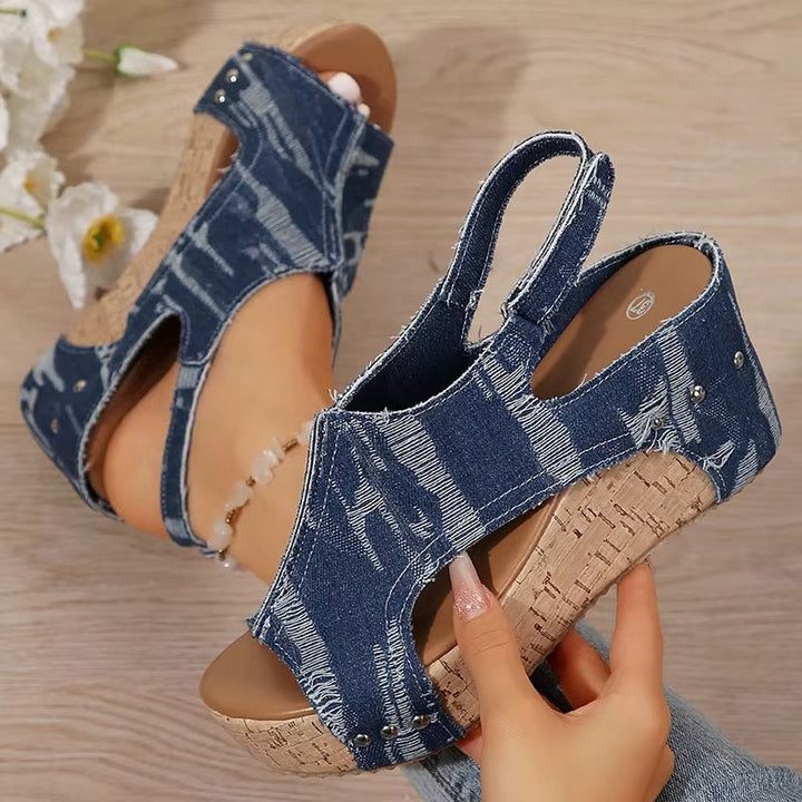 DenimLift - Cork Heeled Sandals for Women in Denim
