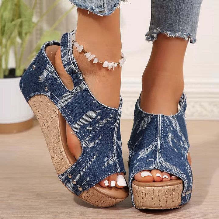 DenimLift - Cork Heeled Sandals for Women in Denim