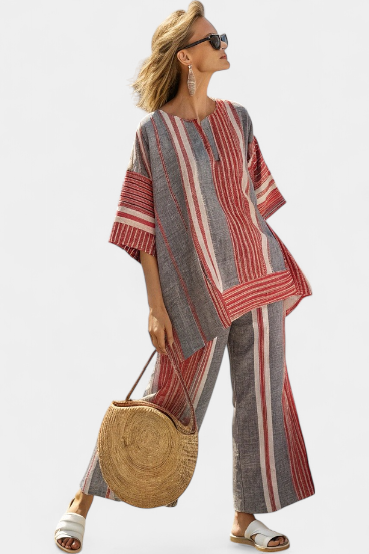 Bravine | Elegant Coral-Grey Linen Top and Wide Leg Pants