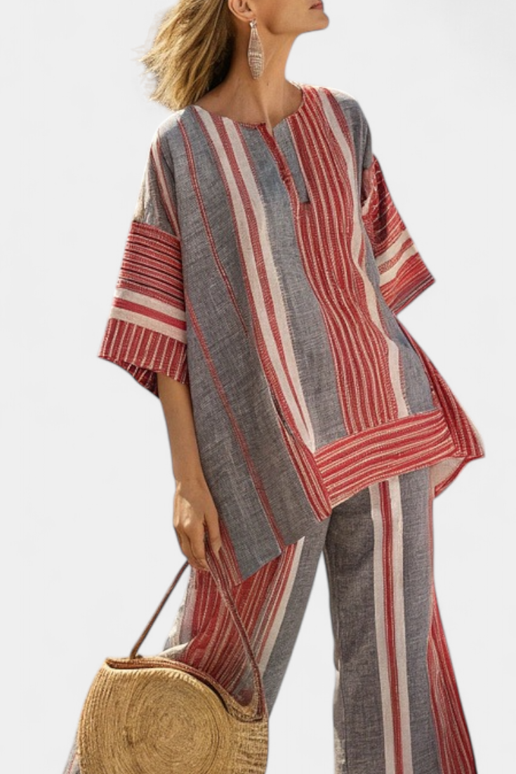 Bravine | Elegant Coral-Grey Linen Top and Wide Leg Pants