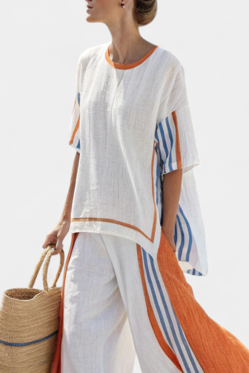 Thorneil | Comfortable Striped Wide-Leg Pants and Linen Top