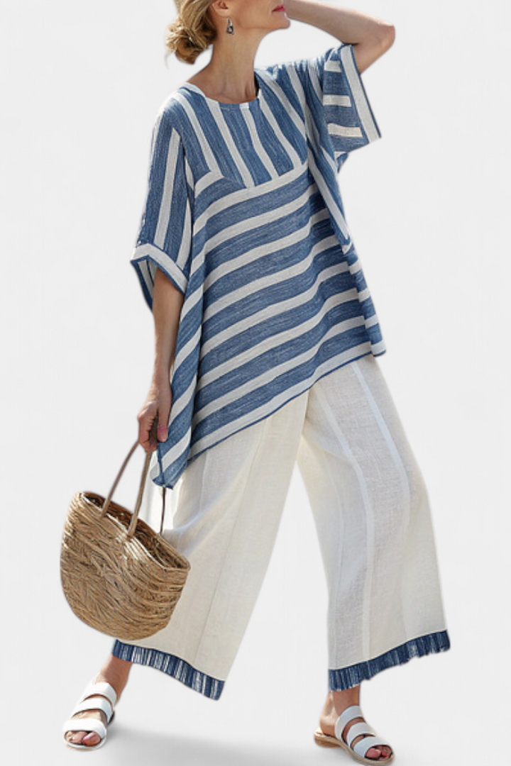 Corvielle | Sophisticated Blue Striped Top and Pants with Hem Detail