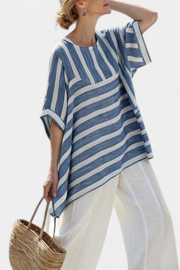 Corvielle | Sophisticated Blue Striped Top and Pants with Hem Detail