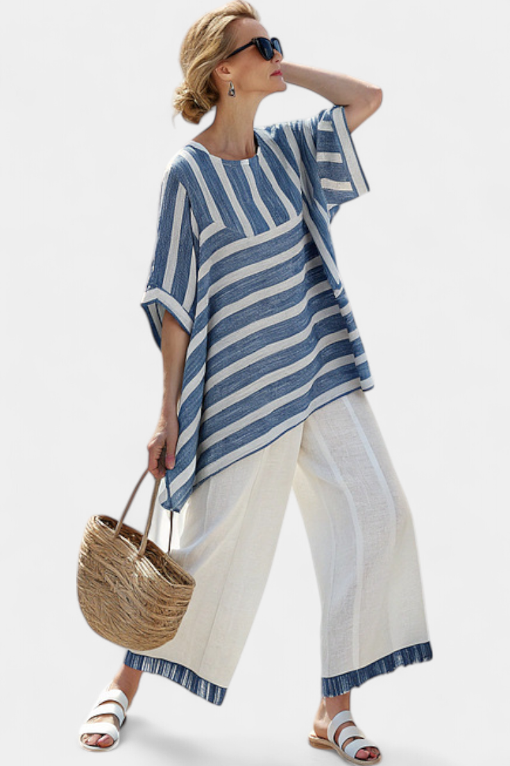 Corvielle | Sophisticated Blue Striped Top and Pants with Hem Detail