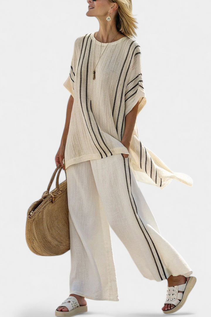 Greysen | Elegant Linen Blouse in Ivory and Black Striped Pants