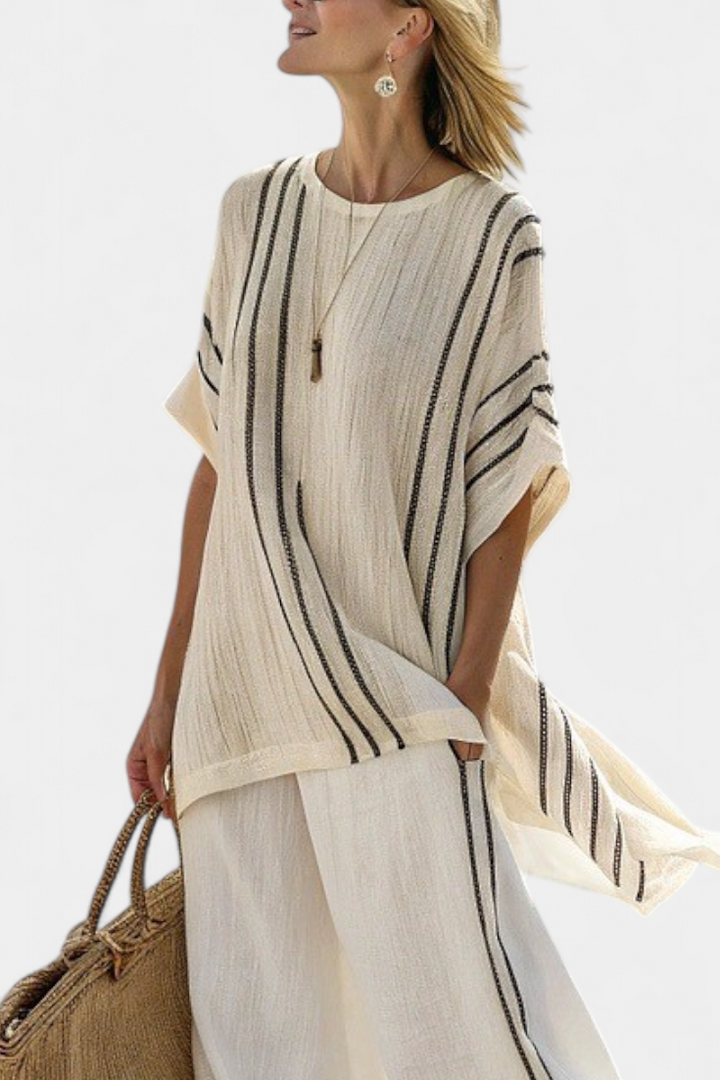 Greysen | Elegant Linen Blouse in Ivory and Black Striped Pants