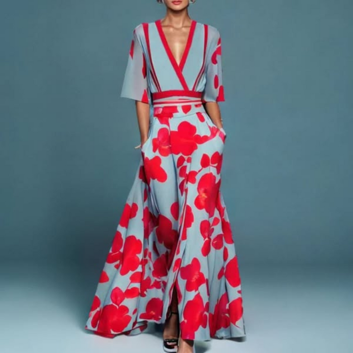 Hazel - Belted V-Neck Floral Maxi Dress