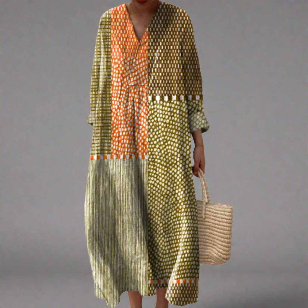 Vivienne | Midi Dress with Earthy Patchwork Dots