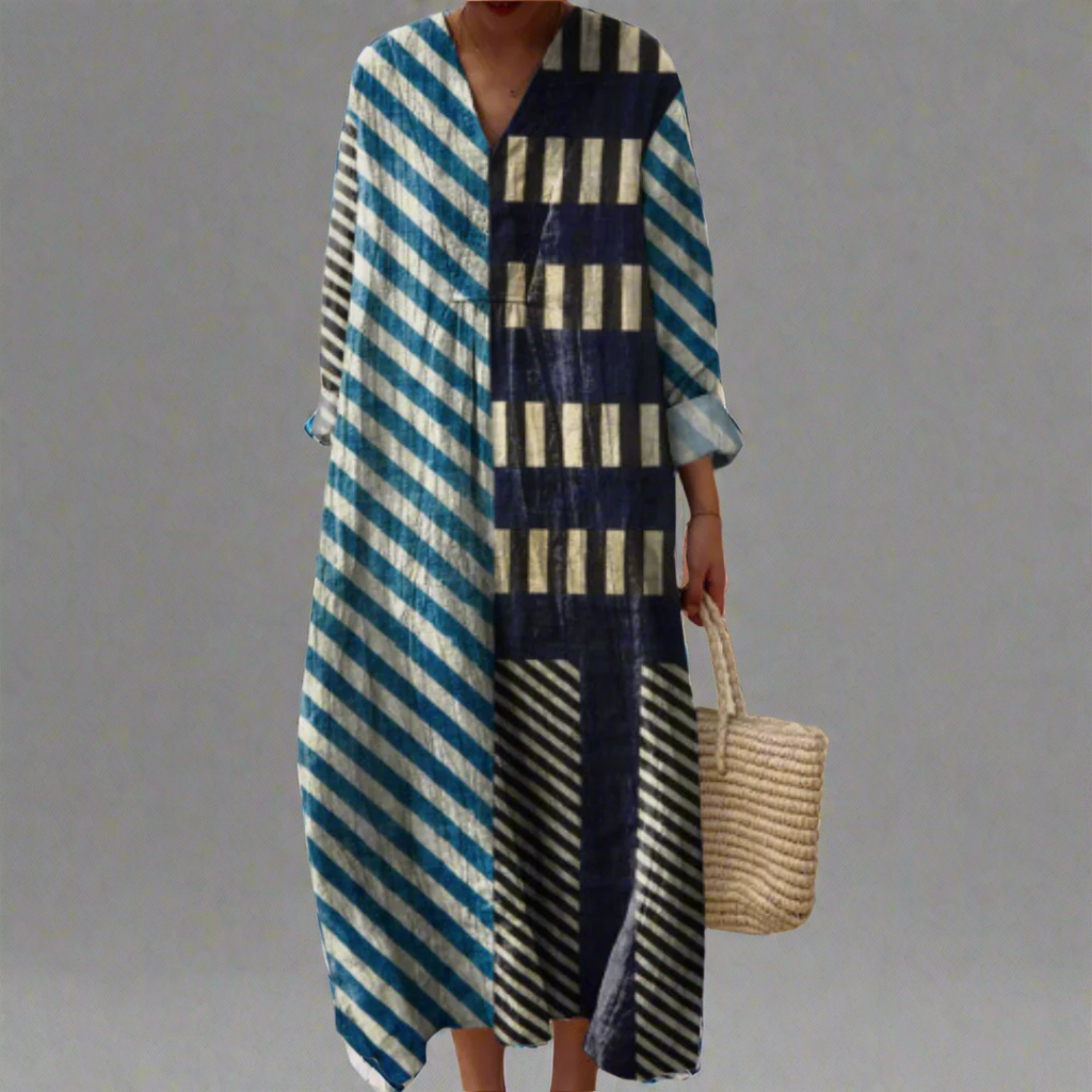 Martha | Modern Patchwork Midi Dress with Stripes