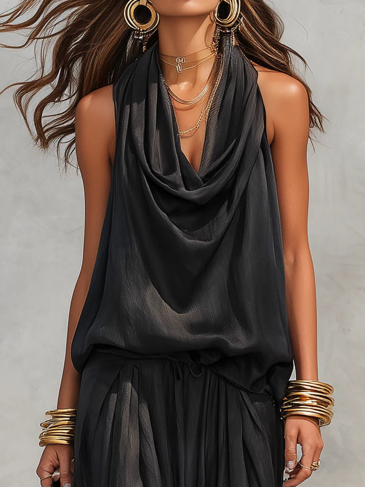 Black Halter Neck Sleeveless Top And Pleated Trousers Set