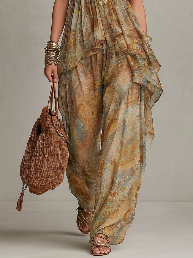 Khaki Printed Chiffon Ruffled Camisole And Wide-leg Pants Set