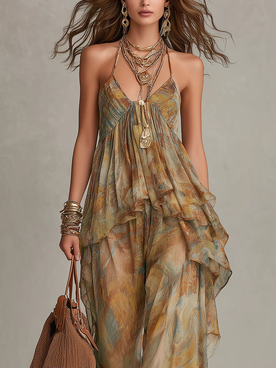 Khaki Printed Chiffon Ruffled Camisole And Wide-leg Pants Set