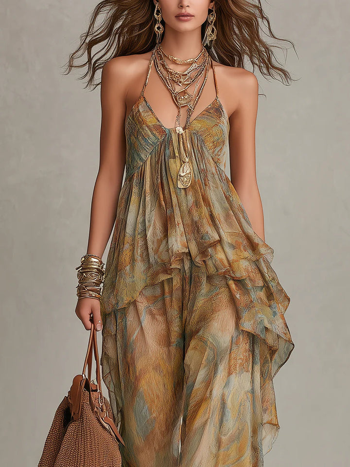 Khaki Printed Chiffon Ruffled Camisole And Wide-leg Pants Set