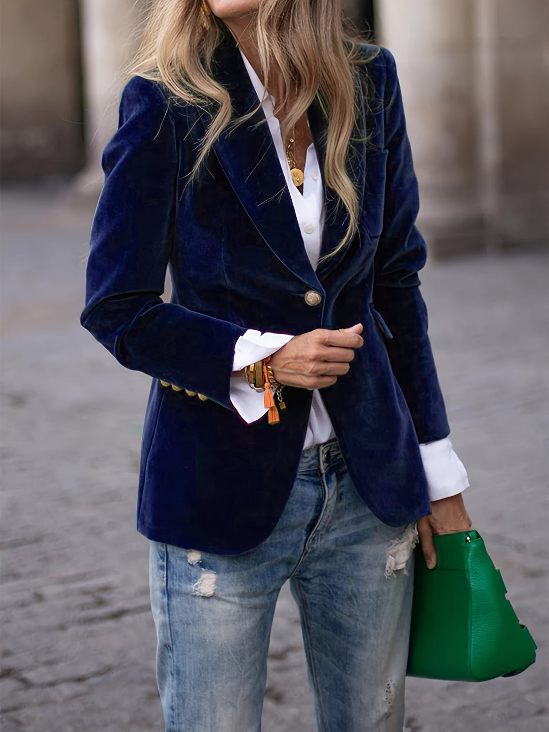 Elegant Velvet Slim-fit Faux Pocket Suit Jacket