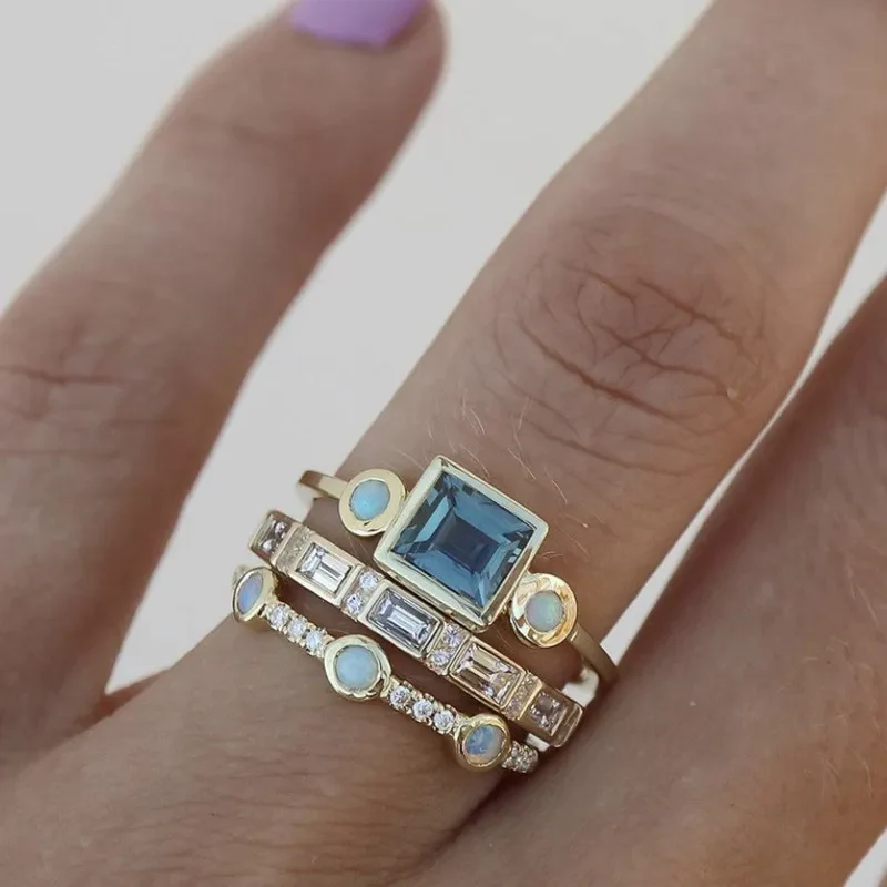Retro Blue Crystal Ring Set - Ocean Inspired