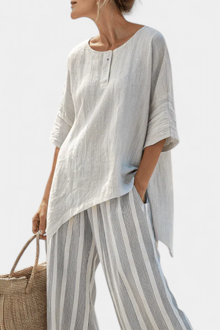 Talvora | Elegant Asymmetric Blouse & Striped Pants