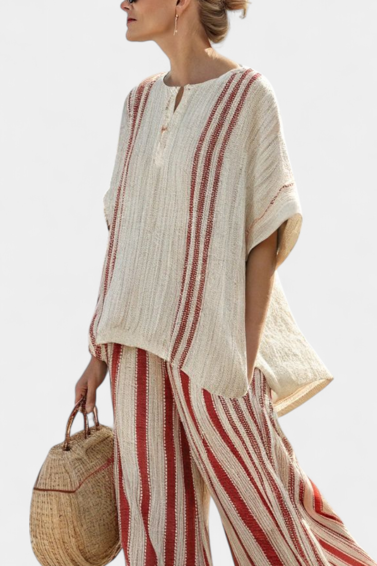 Mirella | Sophisticated Striped Red Textured Top & Linen Pants