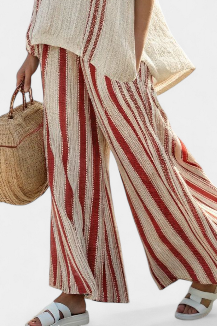 Mirella | Sophisticated Striped Red Textured Top & Linen Pants